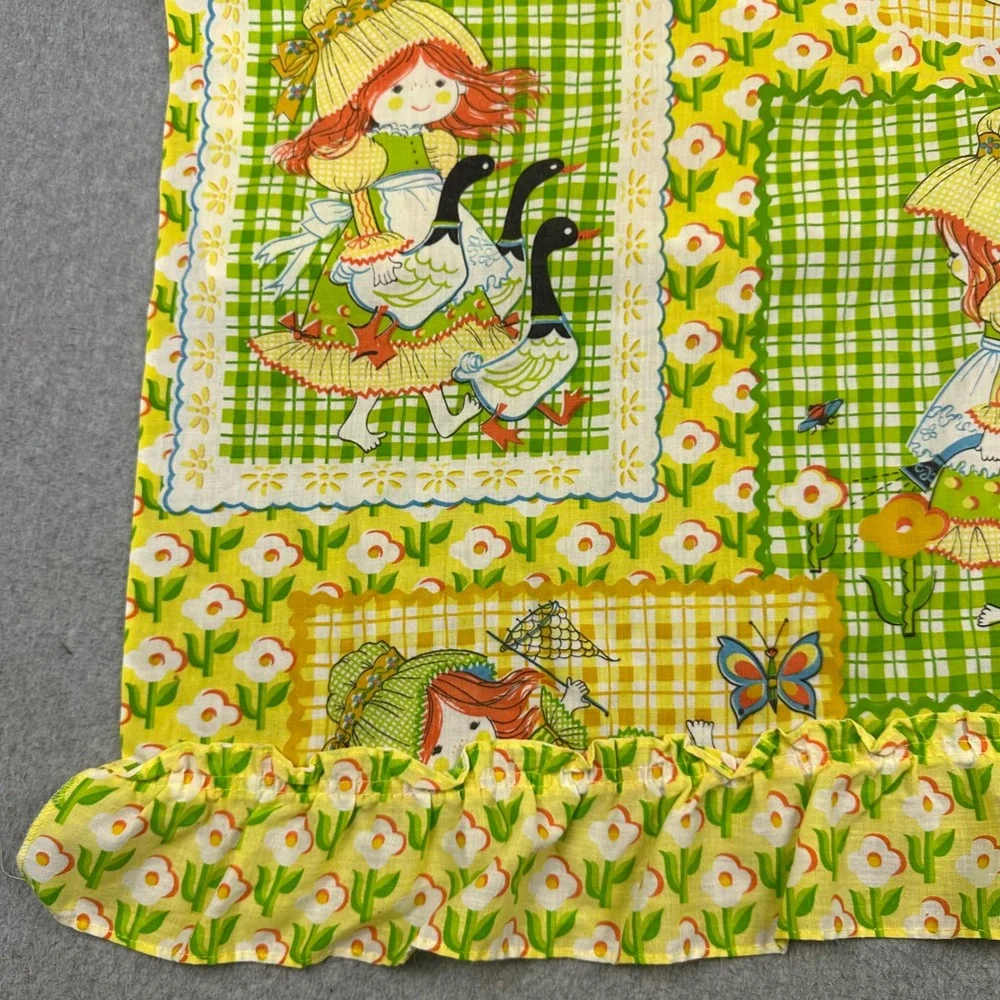 Vintage Sears Perma-Prest Holly Hobbie Style Yellow Floral Valance & Panels Set